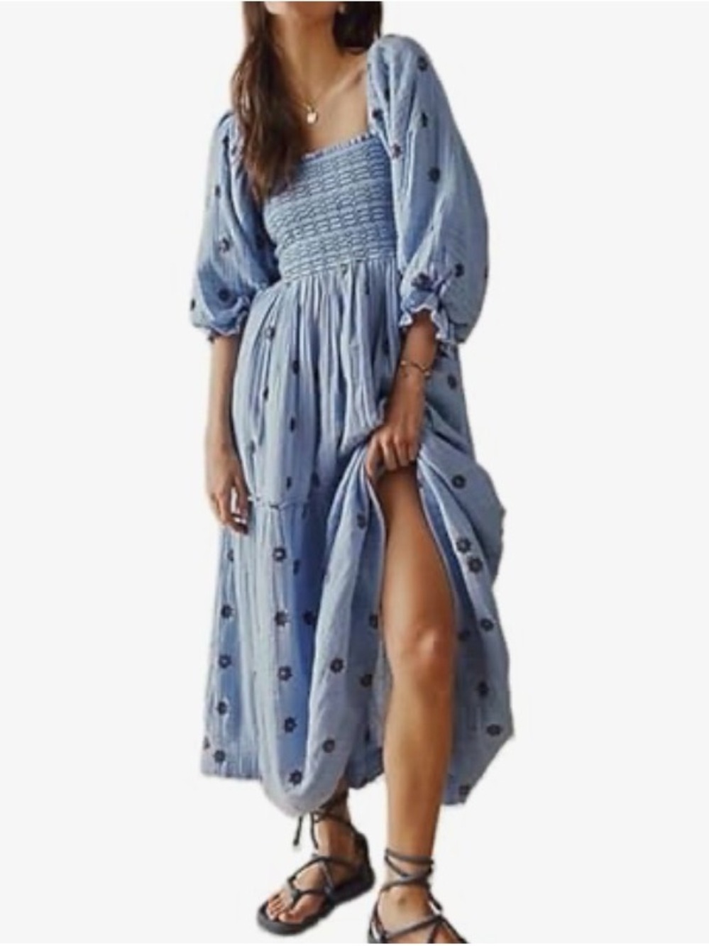 Smocked Back Puff-Sleeve Maxi Dress - Light Blue - Picture 2 of 5